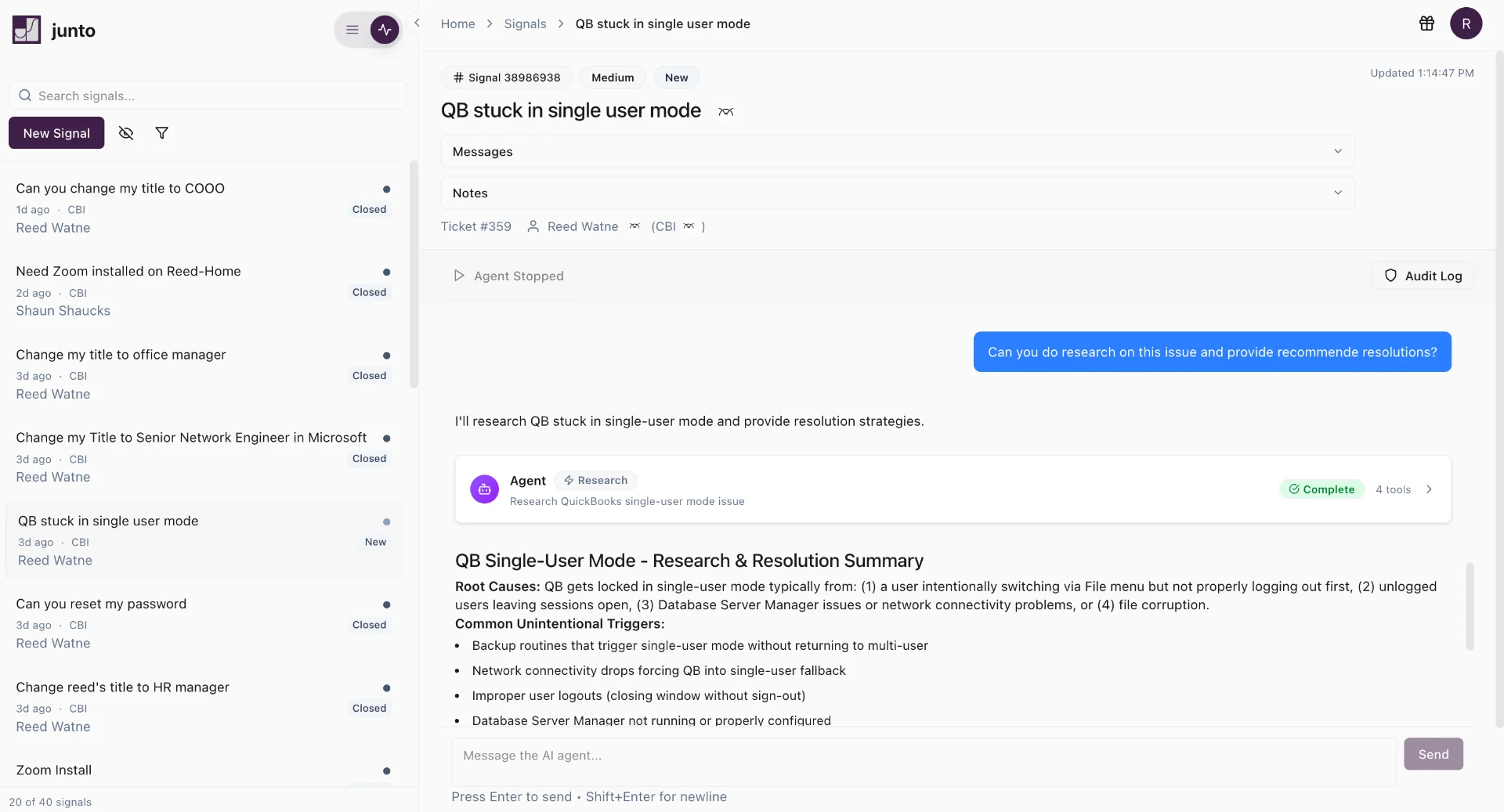 Junto inbox dashboard showing ticket management interface